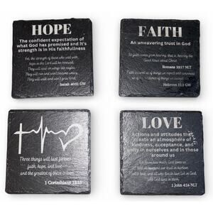 Set of 4 Slate Religious Christianity Heavy Duty Coasters Hope, Love, Faith